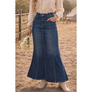 Denim Maxi Jean Skirt Womens 6 High Rise Long Flare Modest Prairie Western Boho